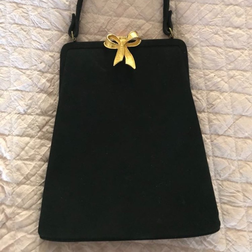 Vintage black suede handbag, gold bow snap closure